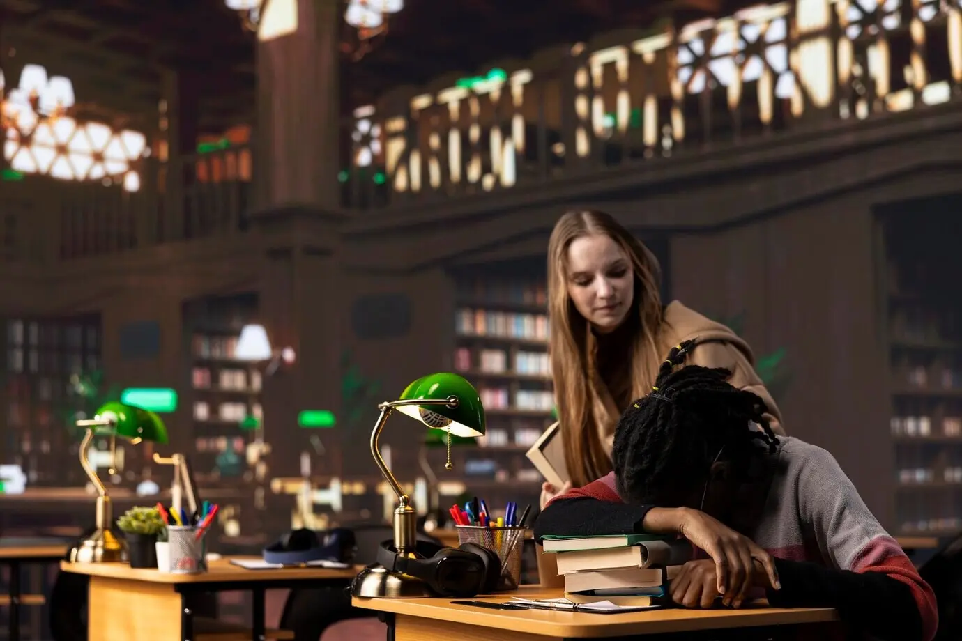 Bir kişi, üniversite kampüsündeki kütüphanede Afrikalı Amerikalı bir kızı uyandırıyor.