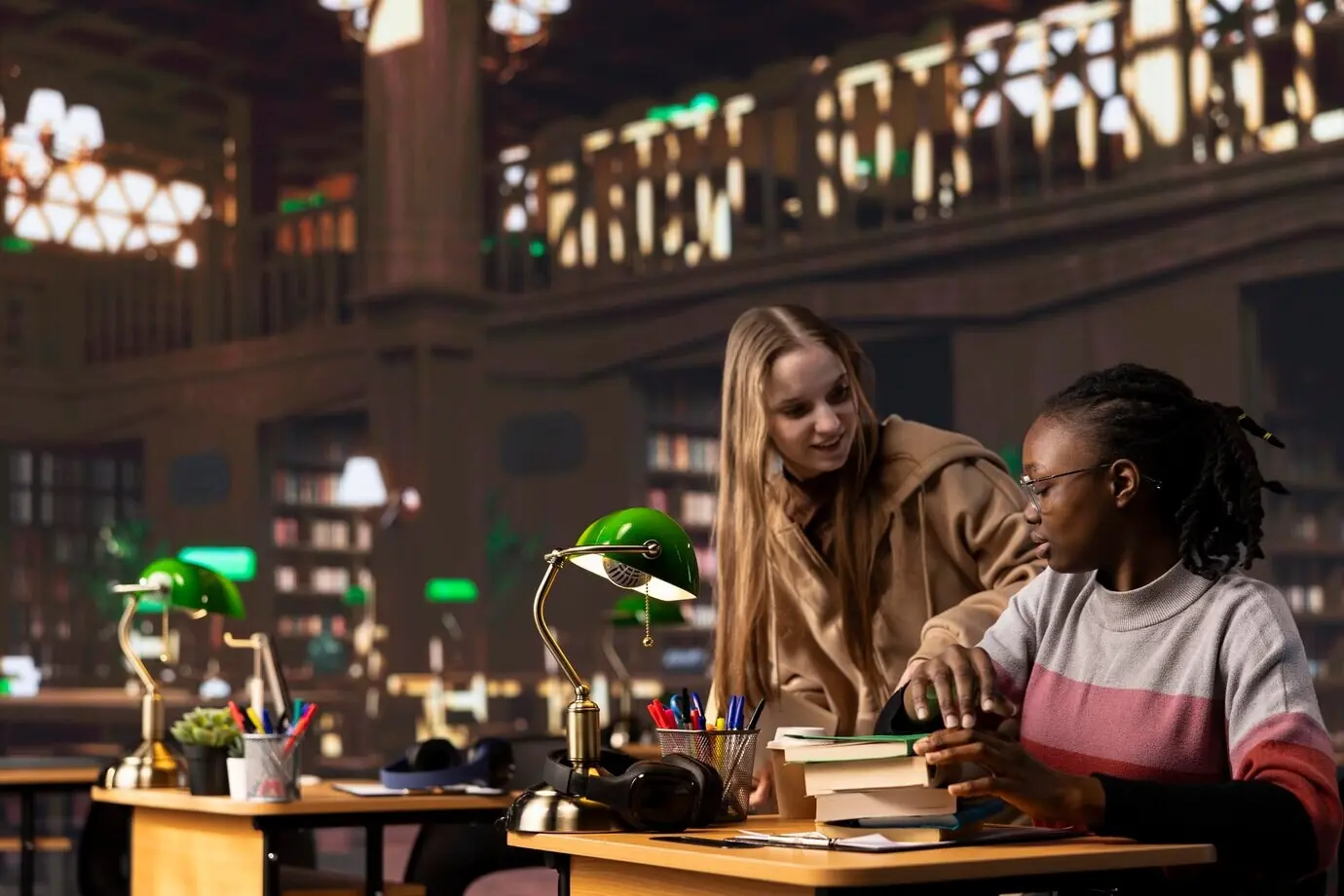 Genç bir yetişkin, üniversite kütüphanesinde uyuyakalan siyahi bir öğrenciyi uyandırıyor.